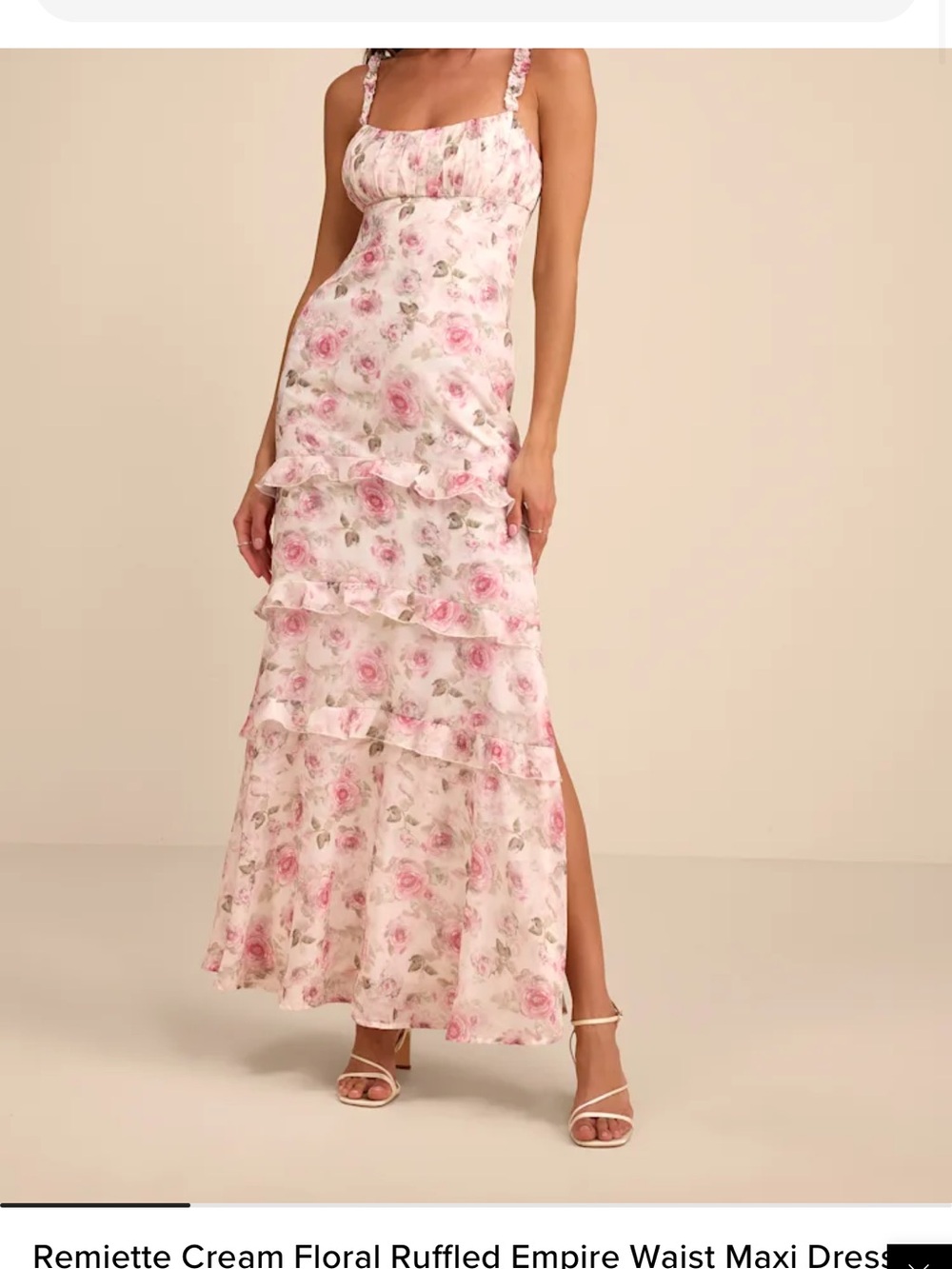 Lulu's Cream Maxi Dress with Pink Rose Print and Ruffle Tiers